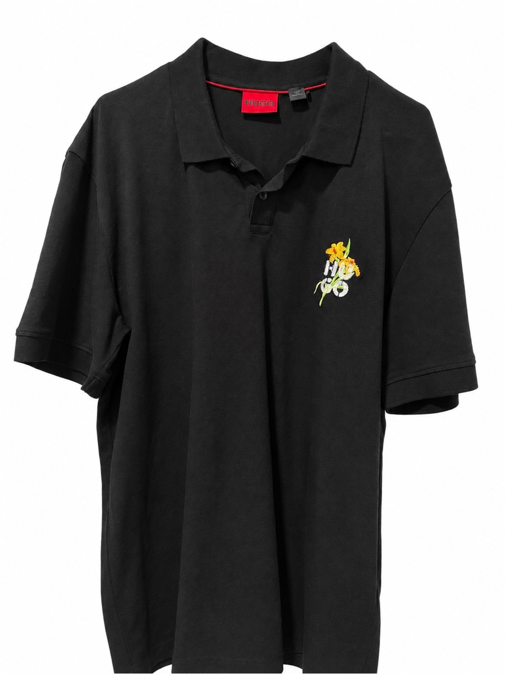 HUGO Black Polo with Yellow Floral Embroidery
